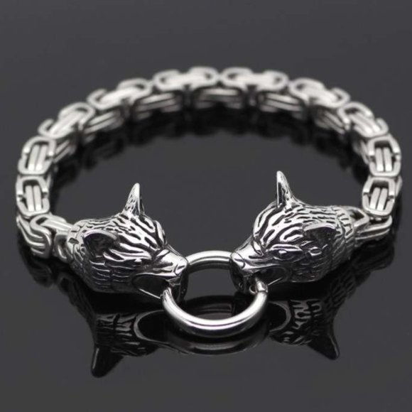 New! Stainless Steel Nordic Viking Wolf Head Bracelet - Picture 4 of 5